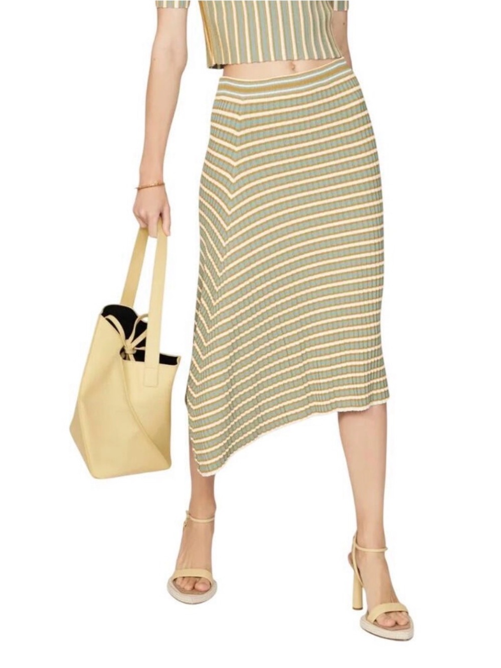 Club Monaco Striped Knit Asymmetrical Midi Skirt in Sage and Cream